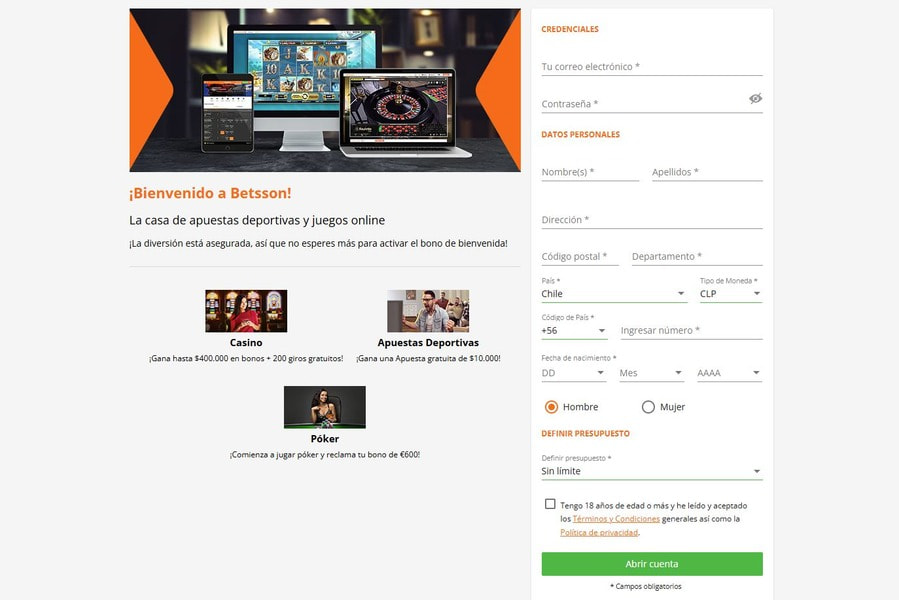 Formulario de registro en Betsson Casino